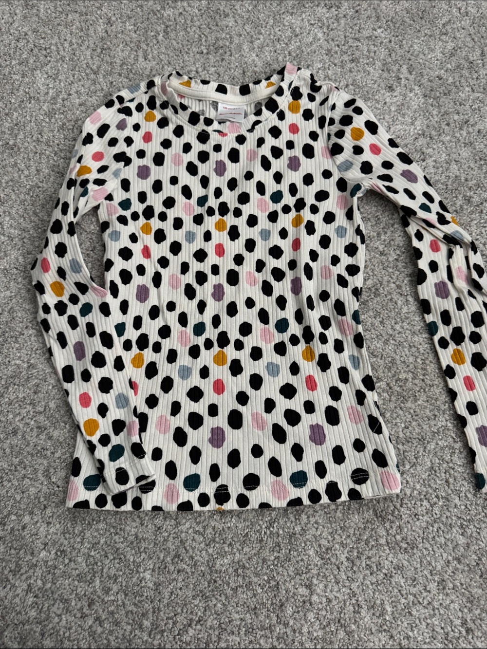 White Ribbed Long Sleeve Top with Multicolor Polka Dots